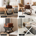 FLYJOE Luggage Rack, Solid Oak Wood Folding Suitcase Stand with Storage Shelf, Luggage Stand with Leather Straps for Guest Room, Bedroom, Hotel, Set of 2, Walnut