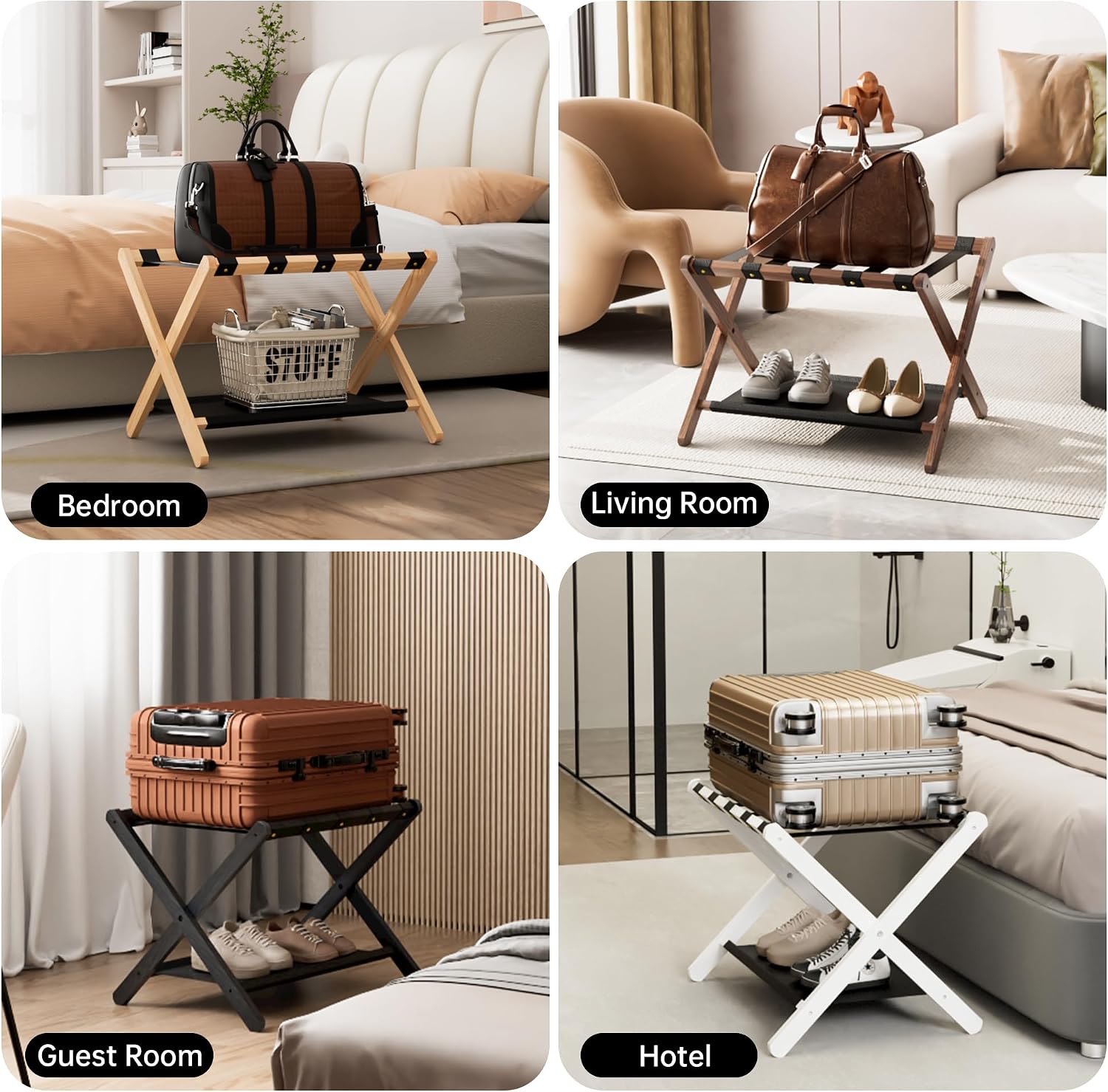 FLYJOE Luggage Rack, Solid Oak Wood Folding Suitcase Stand with Storage Shelf, Luggage Stand with Leather Straps for Guest Room, Bedroom, Hotel, Set of 2, Walnut