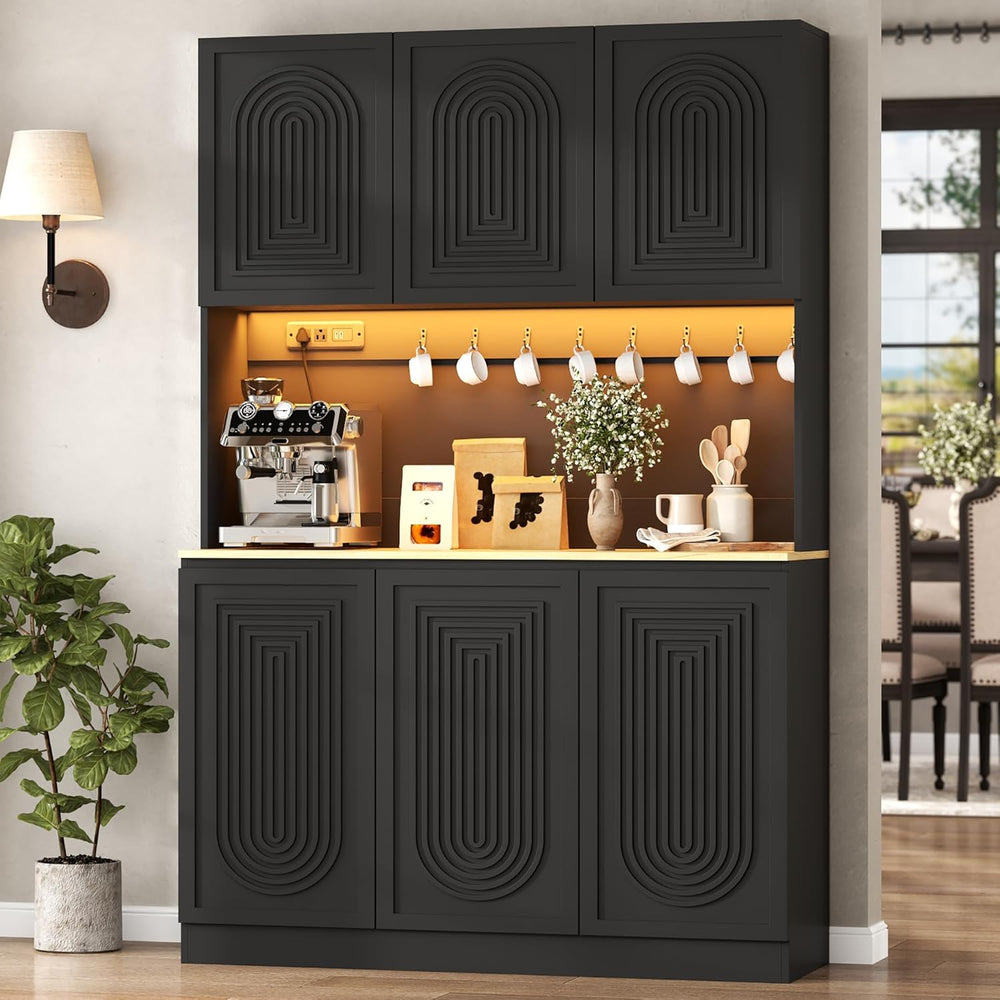 71" Black Kitchen Pantry with Power Outlet, Kitchen Hutch with LED Light...