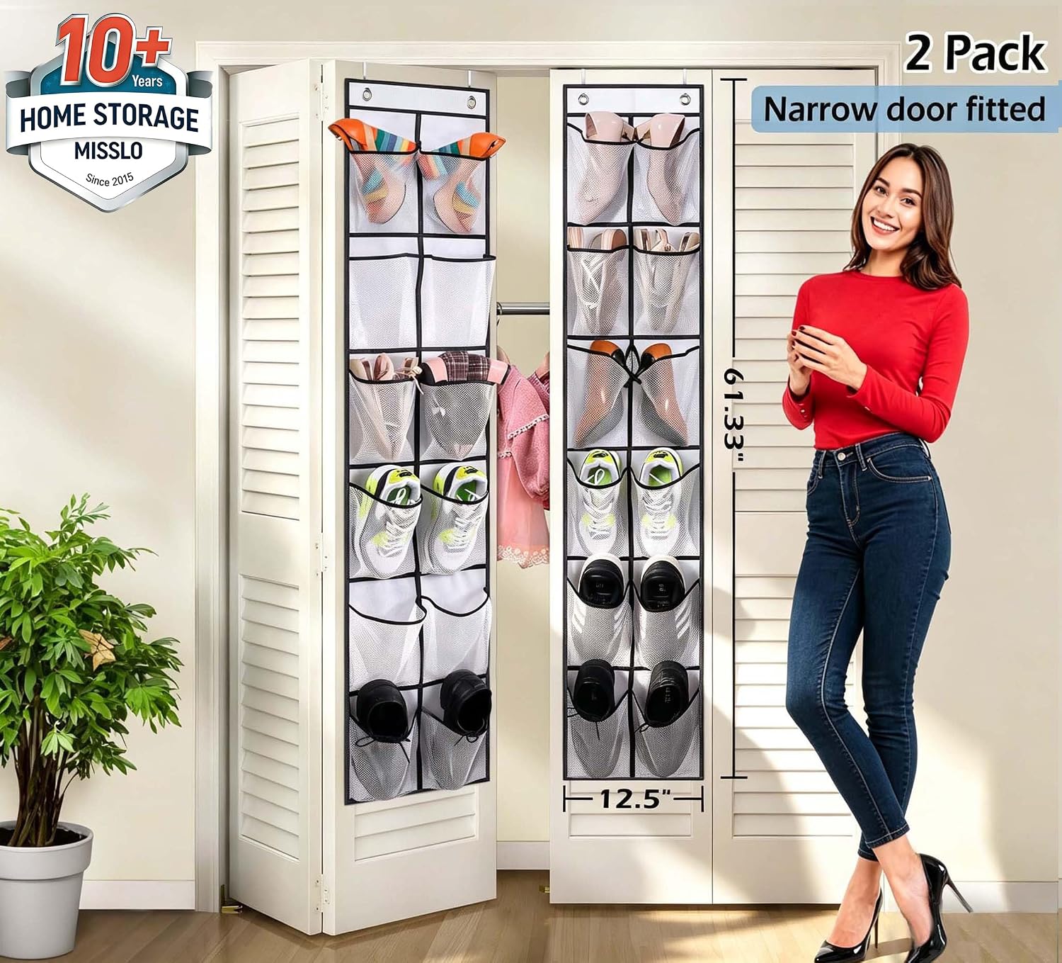 MISSLO Over The Door Shoe Organizer 12 Large Mesh Pockets Hanging Narrow Closet Door, White, 2 Pack