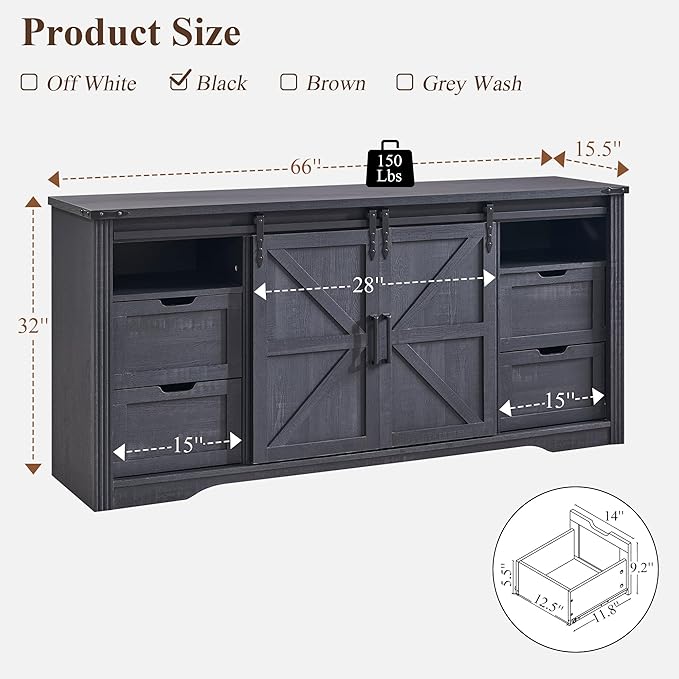 JXQTLINGMU Farmhouse TV Stand for 75+ Inch TV, 32" Tall Entertainment Center w/4 Drawers & Sliding Barn Door, Rustic Media Console w/Storage Shelves, 66" Wood Television Stand for Living Room, Black