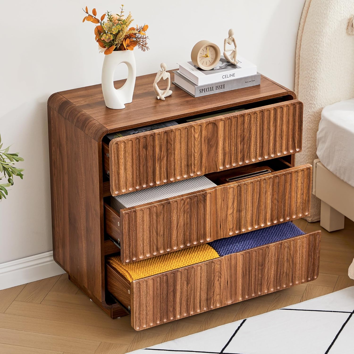 Turtle&Myrtle Fluted 3 Drawer Dressers for Bedroom, 31.5" Wide Large Mid Century Modern Nightstand W/3 Storage Drawers, Wood Dresser & Chest of Drawers with Curved Profile for Living Room (Walnut)