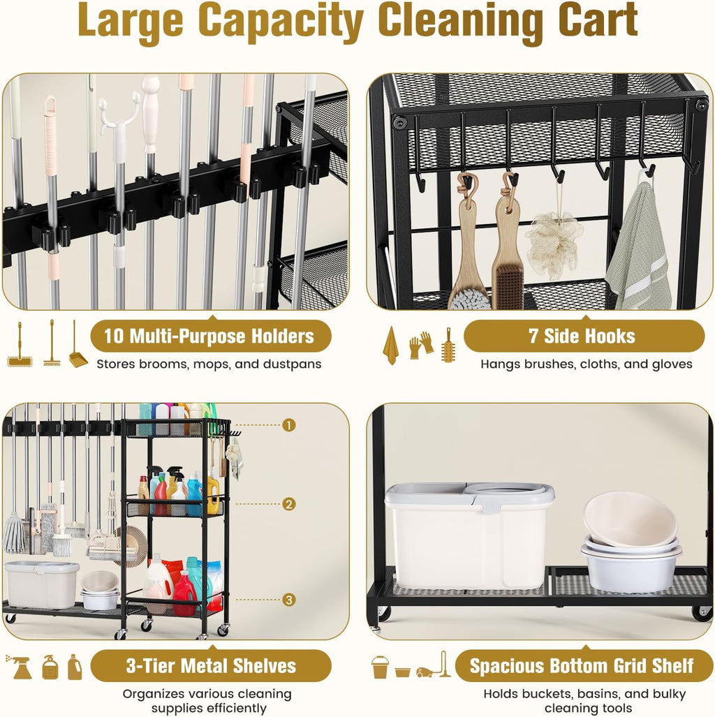 Broom Holder with Cleaning Supplies Organizer, Cleaning Utility Cart on Wheels, 10 Clips & 7 Hooks, 3-Tier Shelves, Broom Closet Storage Cabinet with Cleaning Caddy for Home Commercial Use