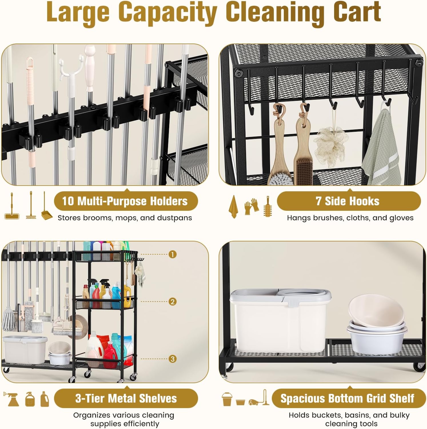 Broom Holder with Cleaning Supplies Organizer, Cleaning Utility Cart on Wheels, 10 Clips & 7 Hooks, 3-Tier Shelves, Broom Closet Storage Cabinet with Cleaning Caddy for Home Commercial Use