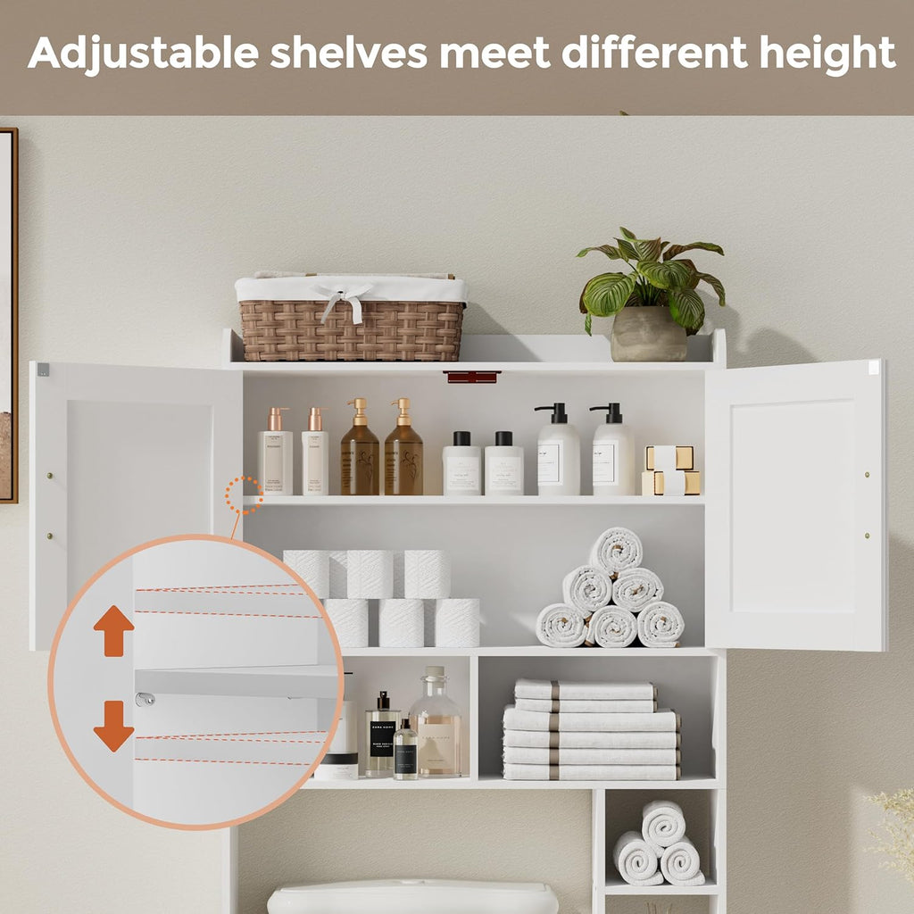 Homhedy Over The Toilet Storage Cabinet with 2 Barn Door and Toilet Paper Holder Stand, FreeStanding Toilet Shelf Space Saver, for Bathroom, Restroom, Laundry, White