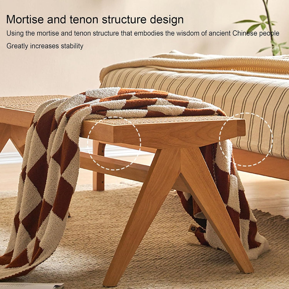 Wood Rattan Entryway Dining Bench Seat Wooden Indoor End of Bed Bench for Bed...