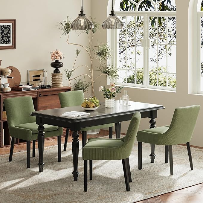 Modern Dining Chairs Set of 4, Upholstered Corduroy Dining Room Chairs with Wood Legs, Mid-Back Padded Kitchen Side Chairs for Dining Room, Green