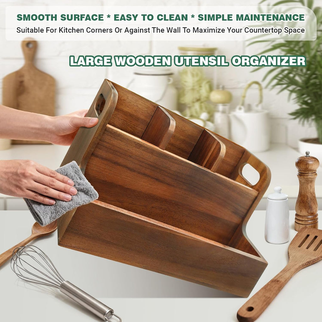 Kitchen Utensil Holder for Countertop with 4 Compartments Acacia Large Utensil Holder Wooden Storage for Cooking,Baking,Flatware Tool Kitchen Utensil Organizer