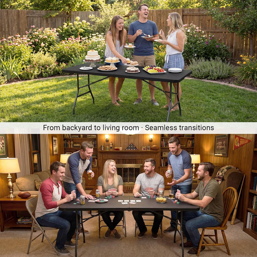 6ft Folding Table, Portable Heavy Duty Plastic Table for Party, Black | Fold-...