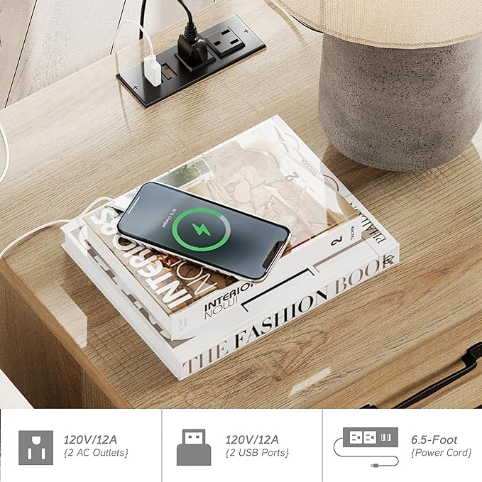 WAMPAT End Table with Charging Station, Wood Side Table with Drawer and Storage Cabinet, Modern End Table with Power outlets USB Ports for Living Room Bedroom, Oak