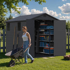 Greesum 6×8FT Plastic Outdoor Storage Shed with Floor, Resin Storaged Sheds with Lockable Double Door, Windows & Vents, All-Weather Tool Sheds for Garden, Backyard, Patio, Dark Gray