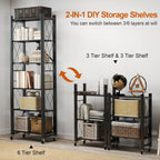 6-Tier Foldable Storage Shelves with Wheels, Folding Metal Shelf Unit, Folding Bookshelf no Assembly, Collapsible Shelves for Craft Shows for Kitchen, Bedroom, Living Room, Black