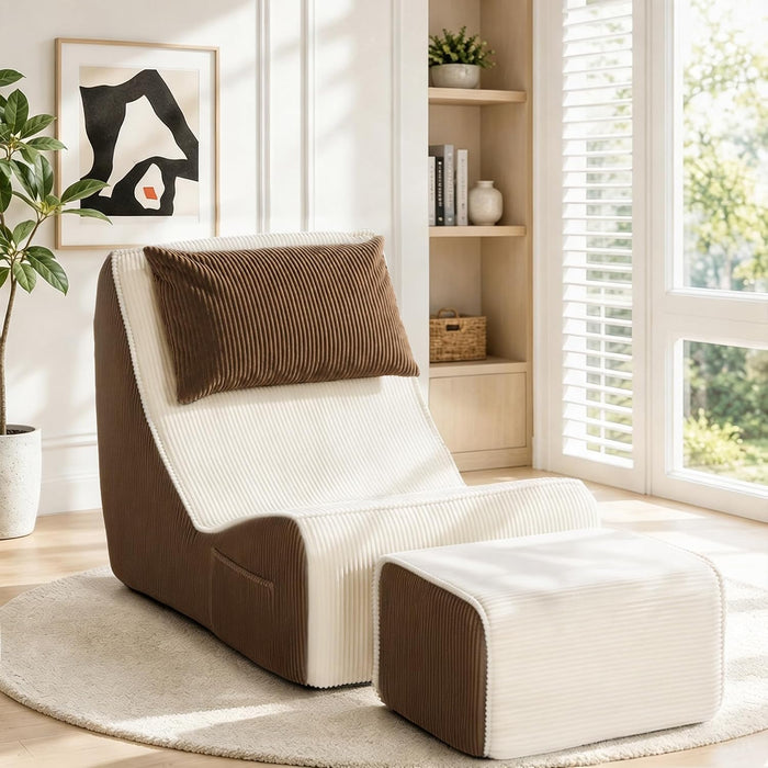 Trenda Boneless Accent Chair with Ottoman, Washable Corduroy Chaise Lounge