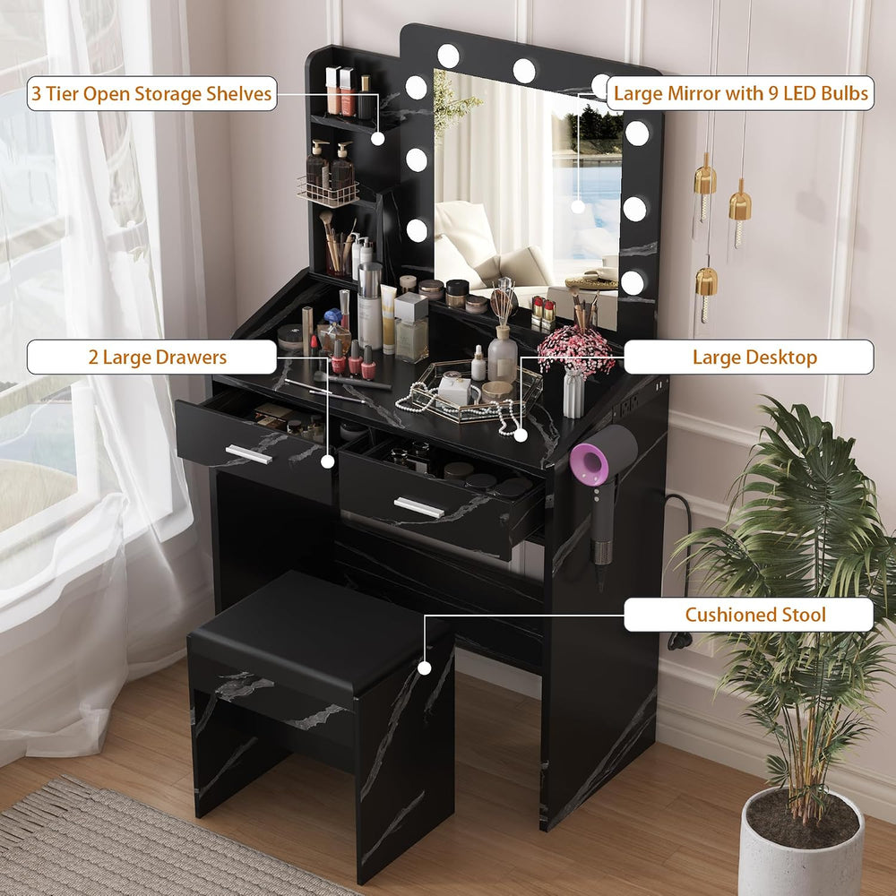 Patikuin Vanity Desk with Mirror and Lights for Bedroom, Marble Black Modern ...