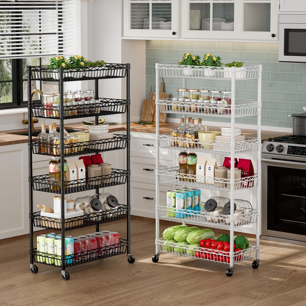 6 Shelves Storage Shelf Wire Closet Bathroom Organizers Metal Pantry Kitchen Garage Shelving Unit Laundry Room Organization Home Rack Net Basket Black with Wheels 30" Dx14 Wx65 H