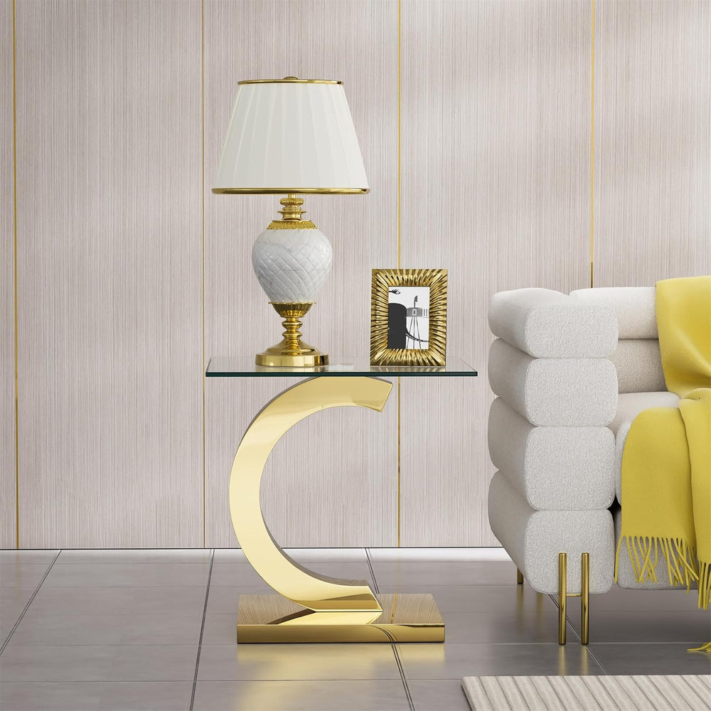 Modern Square Glass End Side Table with C-Shape Gold Stainless Steel Base, 22...