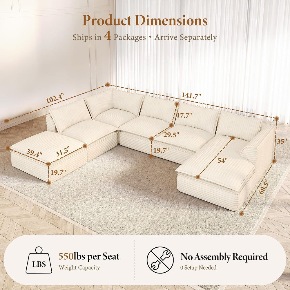 Vesgantti 7 Seater Plush Corduroy Couch, 141.7" Large Sofa, Beige | Over...