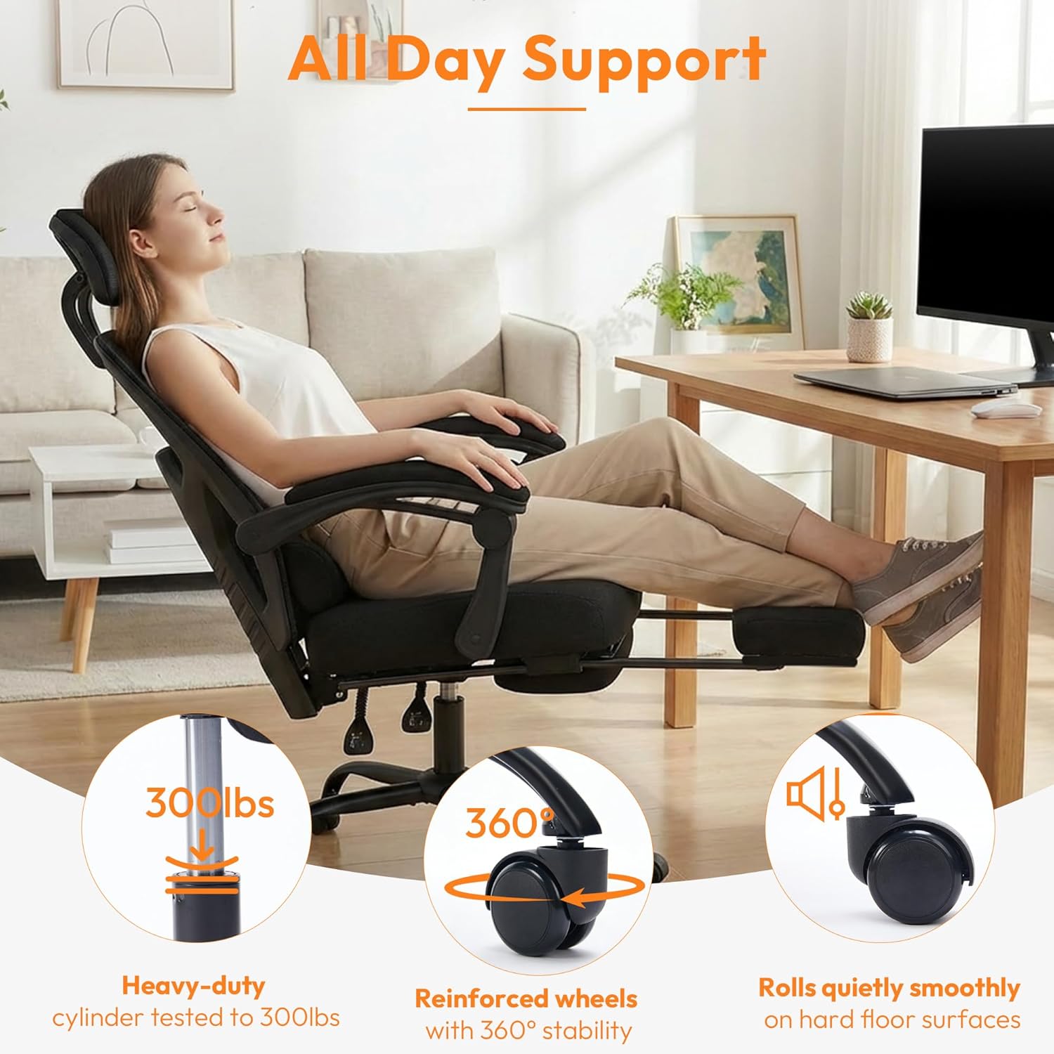 Desk Chair with Foot Rest, High-Back Mesh Office Chair with Wheels, Reclining Gaming Chair with Headrest and Adjustable Lumbar Support, 90°-130° Reclining, for Home Office and Gaming, Classic Black