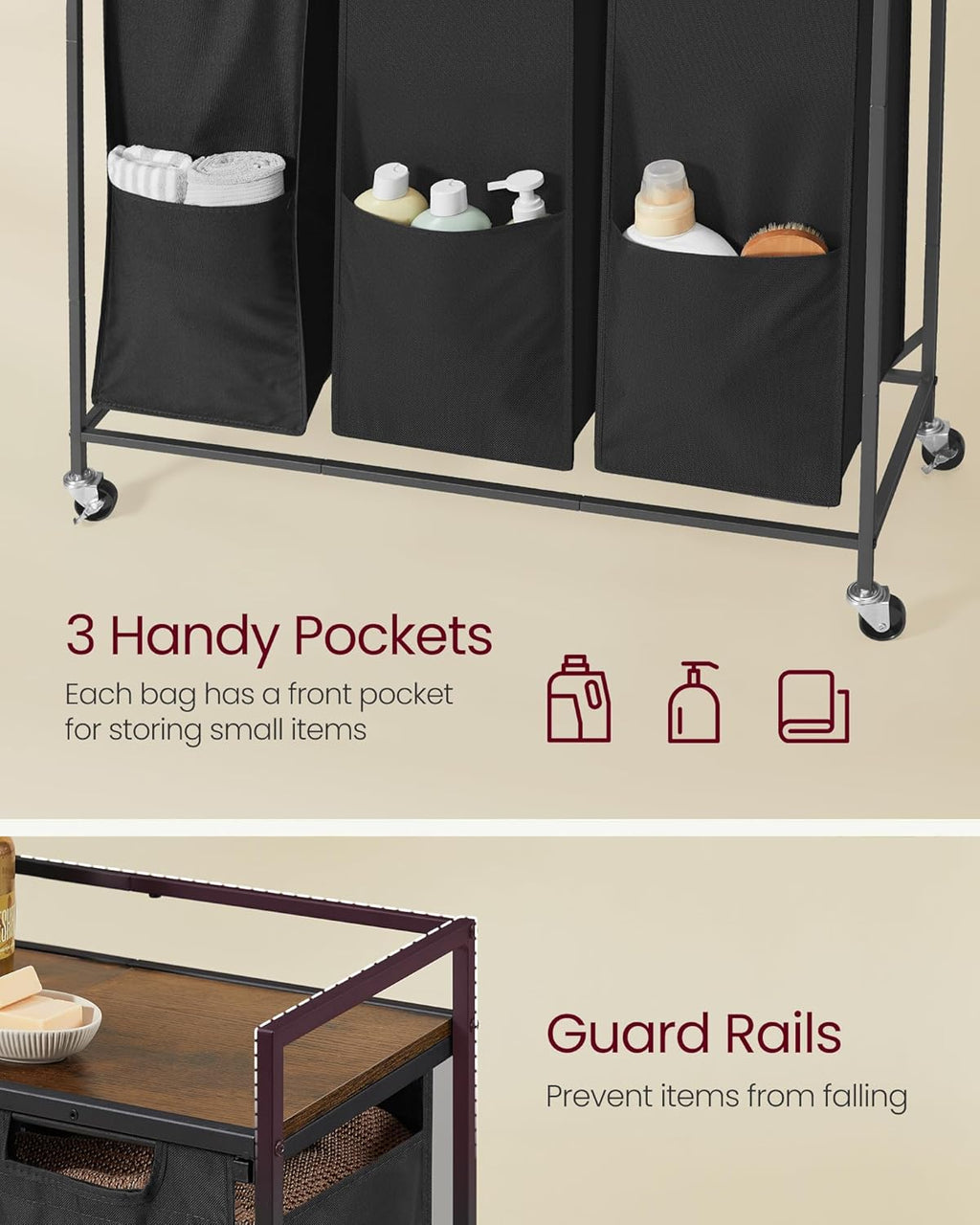 VASAGLE Laundry Sorter, 43.5 Gal. (165 L) Laundry Hamper Basket with 3 Compartments, Rolling Cart with Wheels, Shelf, Removable Bags, Pockets, Ink Black and Rustic Brown UBLH031B01
