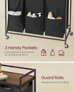 VASAGLE Laundry Sorter, 43.5 Gal. (165 L) Laundry Hamper Basket with 3 Compartments, Rolling Cart with Wheels, Shelf, Removable Bags, Pockets, Ink Black and Rustic Brown UBLH031B01