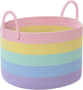 67L Large Rainbow Blanket Basket, Cotton Rope Baby Laundry Hamper with Handles, Kids Toy Basket for Classroom & Nursery, Soft Round Stuffed Animal Storage, Dog Toy Bin - 20"x13", Light Rainbow