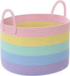 67L Large Rainbow Blanket Basket, Cotton Rope Baby Laundry Hamper with Handles, Kids Toy Basket for Classroom & Nursery, Soft Round Stuffed Animal Storage, Dog Toy Bin - 20"x13", Light Rainbow
