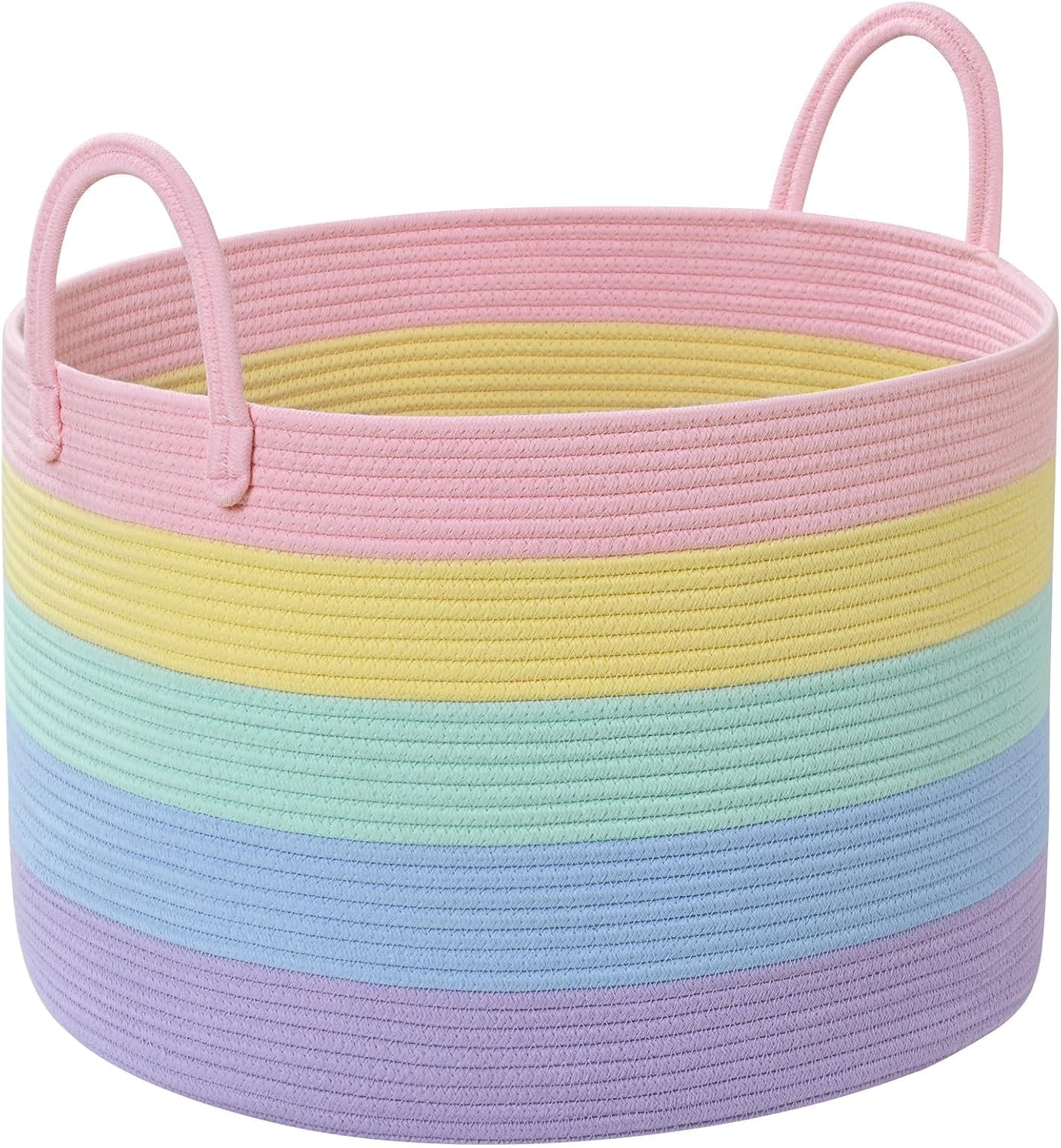 67L Large Rainbow Blanket Basket, Cotton Rope Baby Laundry Hamper with Handles, Kids Toy Basket for Classroom & Nursery, Soft Round Stuffed Animal Storage, Dog Toy Bin - 20"x13", Light Rainbow