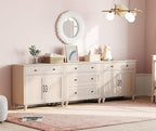 WAMPAT Farmhouse TV Stand for 100 Inch TV, TV Console Table with 5 Drawers, Entertainment Center for 75/80/85/90 Inch TV, Kitchen Sideboard Buffet Cabinet for Dining Room & Living Room, Light Beige