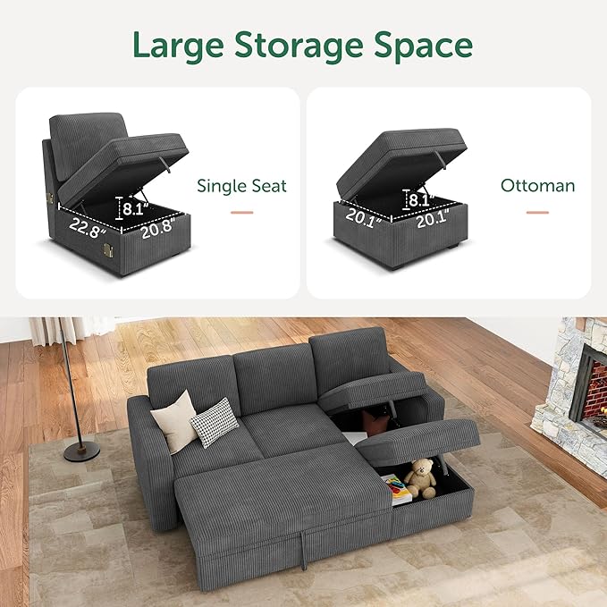 HONBAY Modular Sectional Sleeper Sofa with Pull Out Bed, L Shaped Sofa with Storage, Modular Sectional Couches for Living Room, Dark Grey