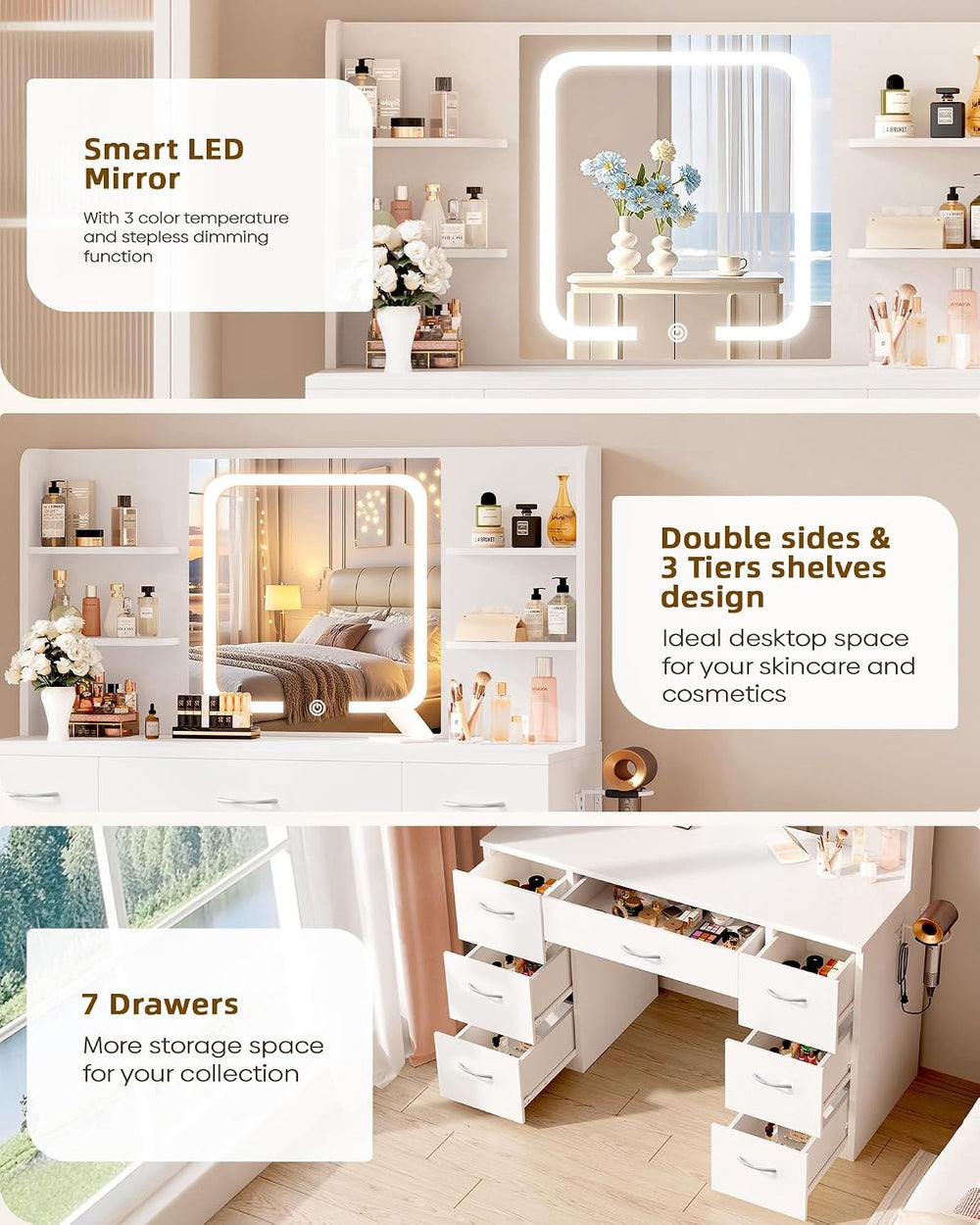 LIVELYGLOW 43" Large White Makeup Vanity Desk with Charging Station | Sm...