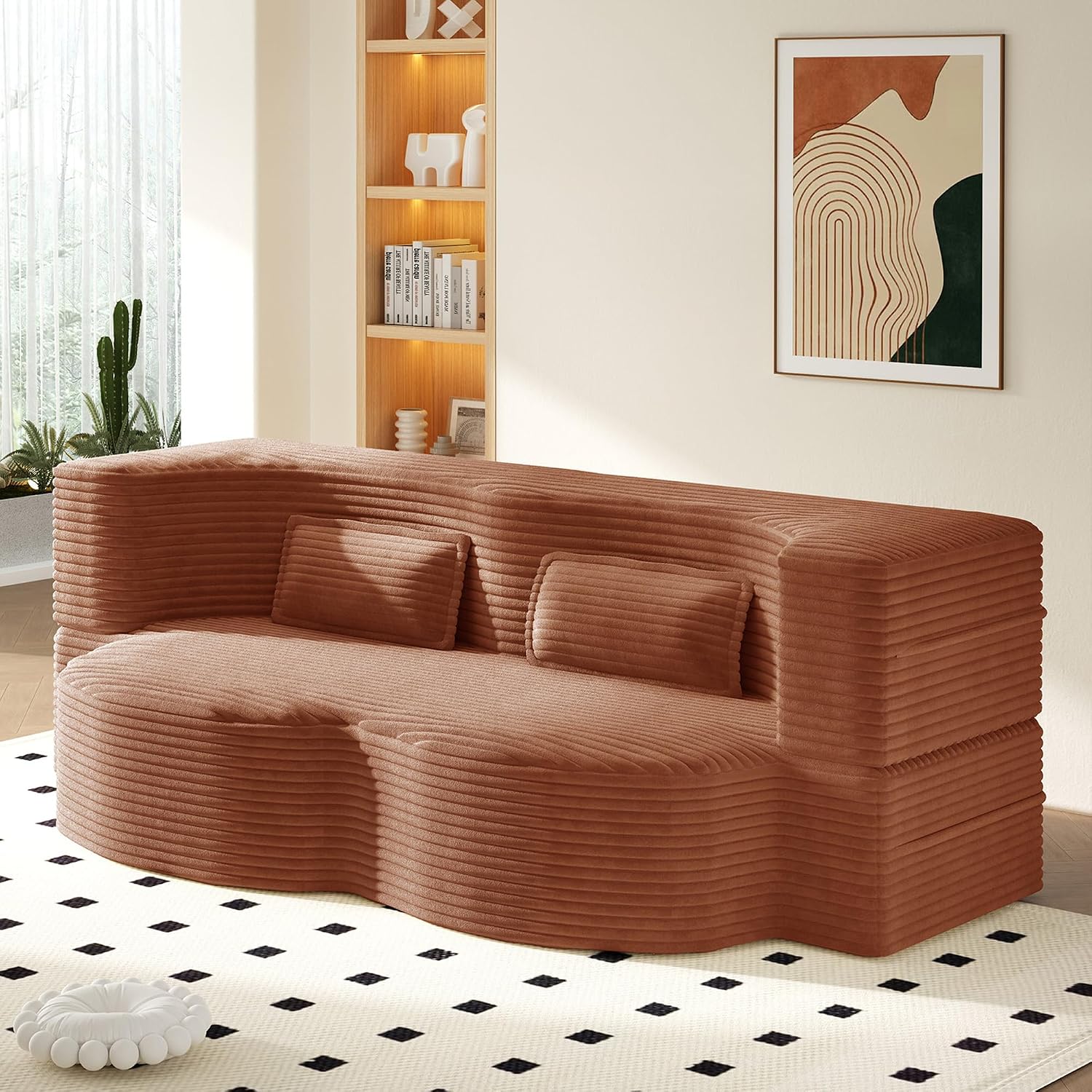 Convertible Folding Sofa Bed, 2-in-1 Full Size Floor Boneless Couch Bed, Loveseat sleeper Couch , Corduroy Floor Sofa, Memory Foam Sleeper SofaBed, Small couches for small spaces, No Assembly, Orange