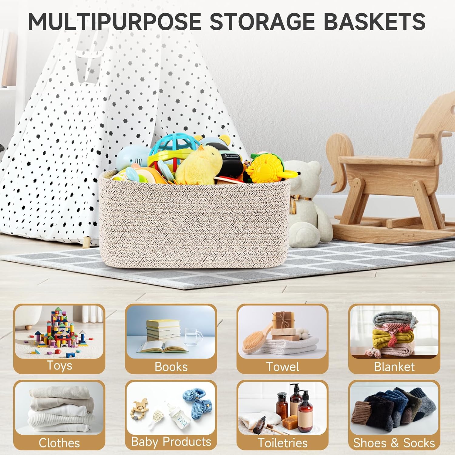3 Pack Storage Baskets for Organizing, 13.7×9.5×6.3", Mixed brown | Woven Baskets for Shelves, Cotton Rope Basket for Gifts Empty, Closet Organizer Bins with Handles, Cube Decorative Box