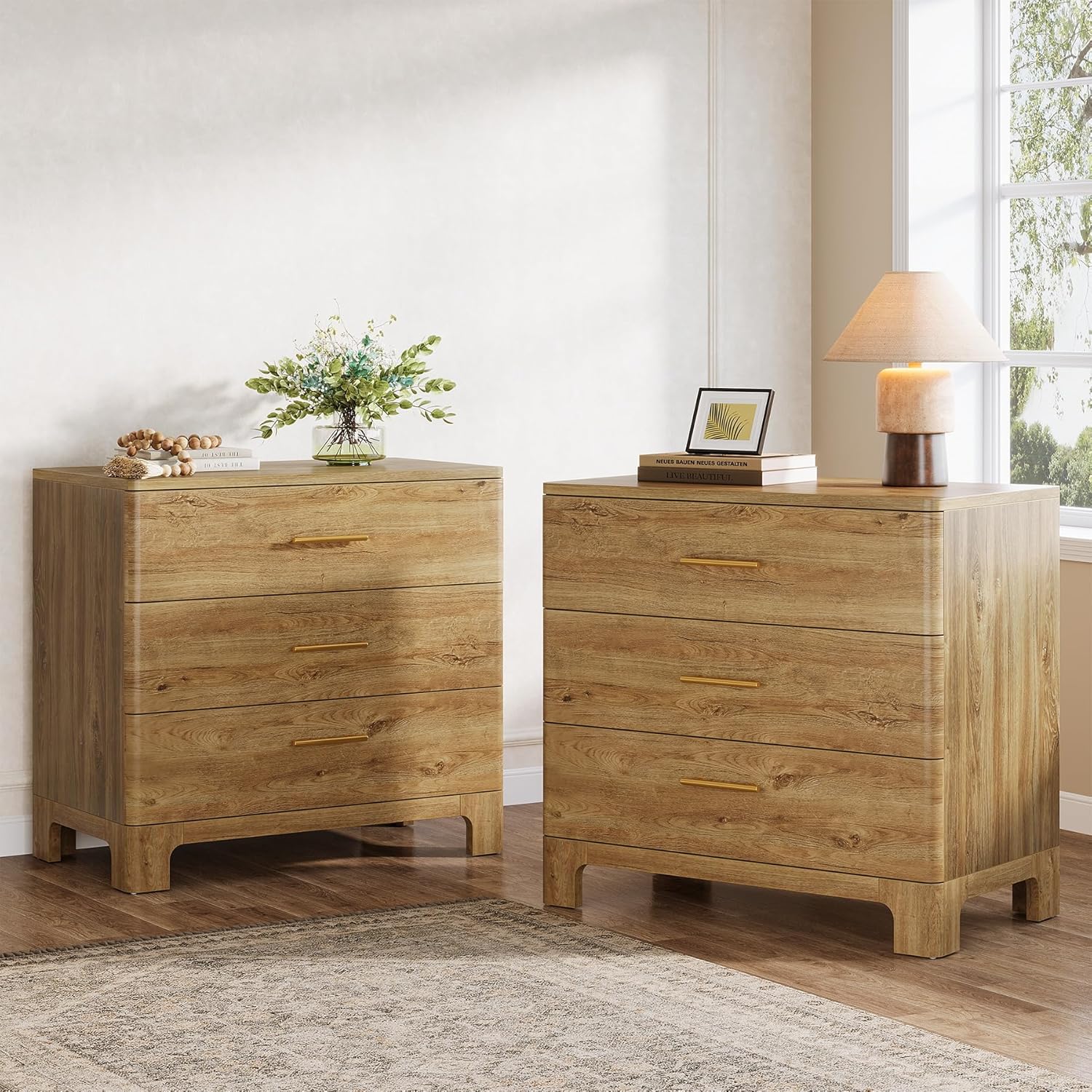 Tribesigns Extra Large Three Drawers Nightstands Set of 2, 31.5" Wooden Rustic Brown Bedside Table with Drawers Storage and Mental Handles for Bedroom, Easy Assembly (2)