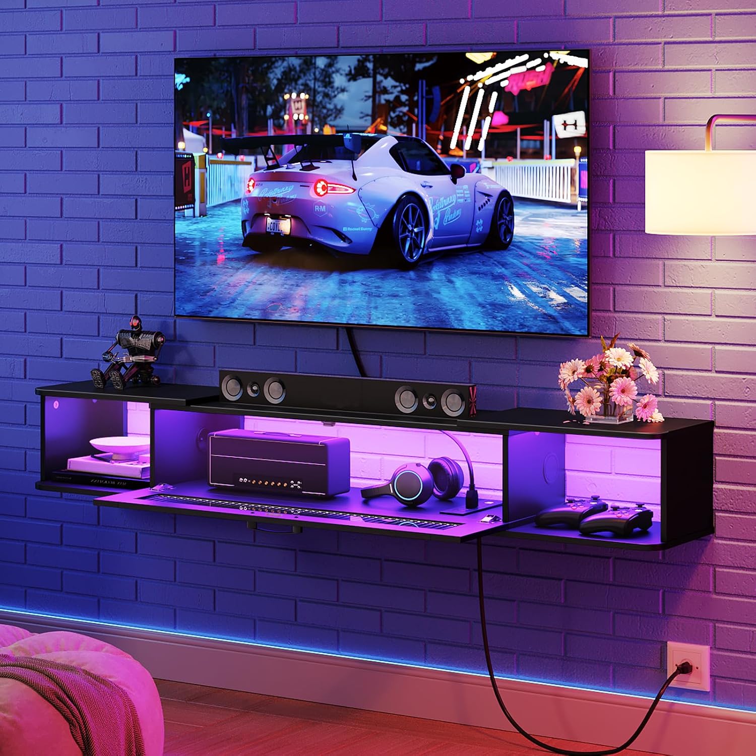HOOBRO Floating TV Stand with LED Light Power Outlet for TVs up to 65”, Wall Mounted TV Shelf, Modern Media Console Entertainment Center Under TV, for Living Room Bedroom, Black BK34UDDS01G1