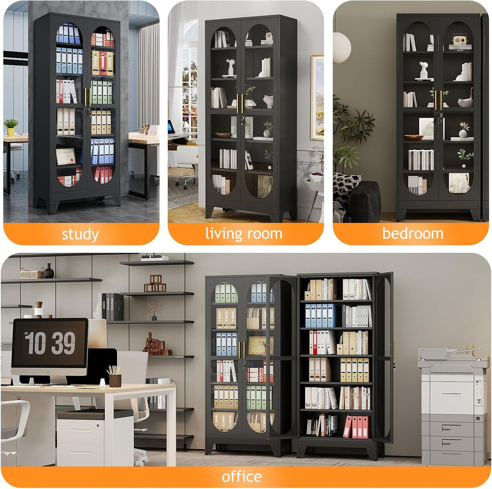 PAOFIN 75" H Locking Display Cabinet with Glass Door, Metal Curio Cabine...