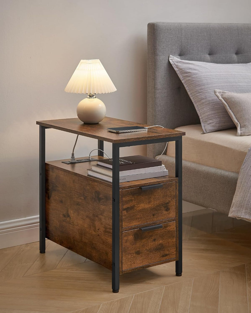 VASAGLE Side End Table with Charging Station, Slim Nightstand with 2 Drawers,...