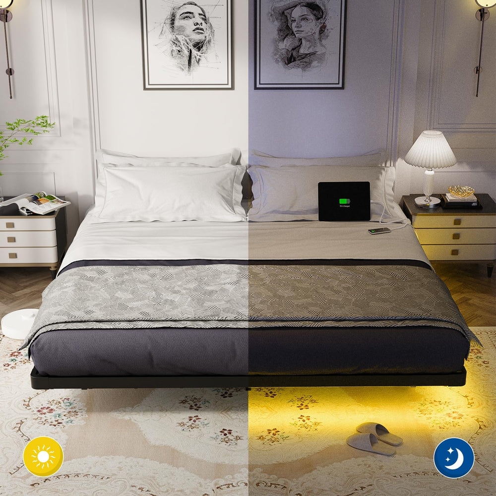OLEVS King Size Floating Bed Frame Metal with LED Light & Charging Station