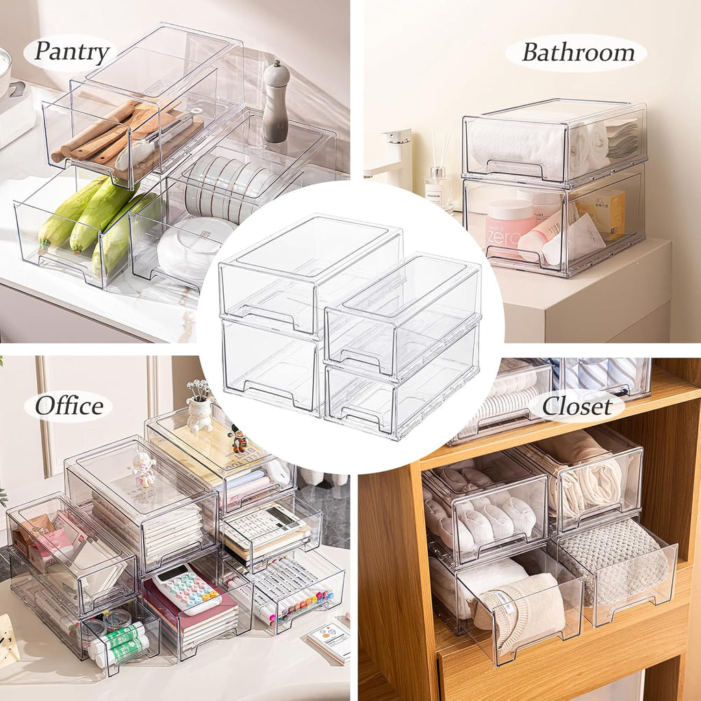 2 Pack Stackable Pull-Out Storage Drawers，Plastic Clear Organizer Bins with Handles，Easily Clean for Undersink，Cabinet，Fridge，Closet，Pantry，Office，Bathroom