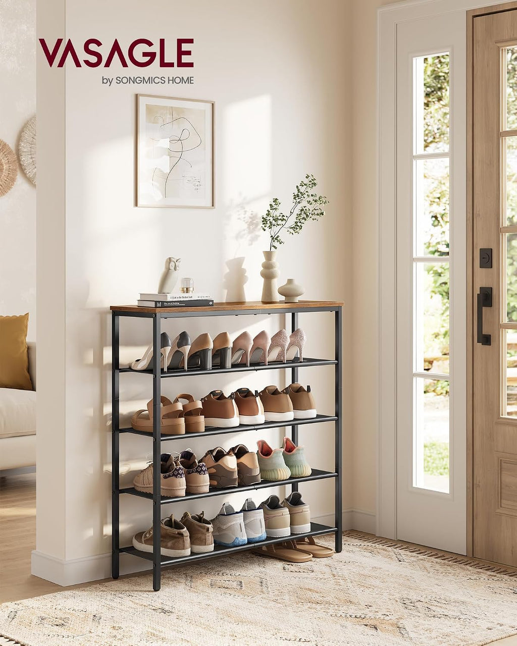 VASAGLE 5-Tier Shoe Rack, Large Shoe Storage Organizer for Closet, Entryway, 18-24 Pairs, with 4 Metal Mesh Shelves, 10.8 x 29.5 x 36.6 Inches, Rustic Brown and Black ULBS115KD01