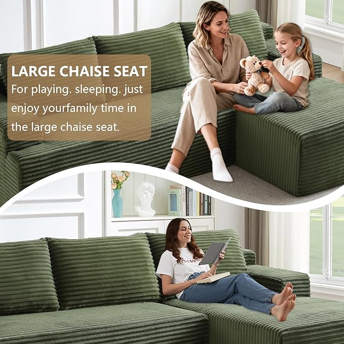 96.1" Modular Sectional Sofa Couches L-Shape Couch 3 Seat Modular Sofa Corduroy Memory Foam Sectional Boneless Couches for Living Room, Cloud Couch with Oversized Chaise(Green, Right Facing)