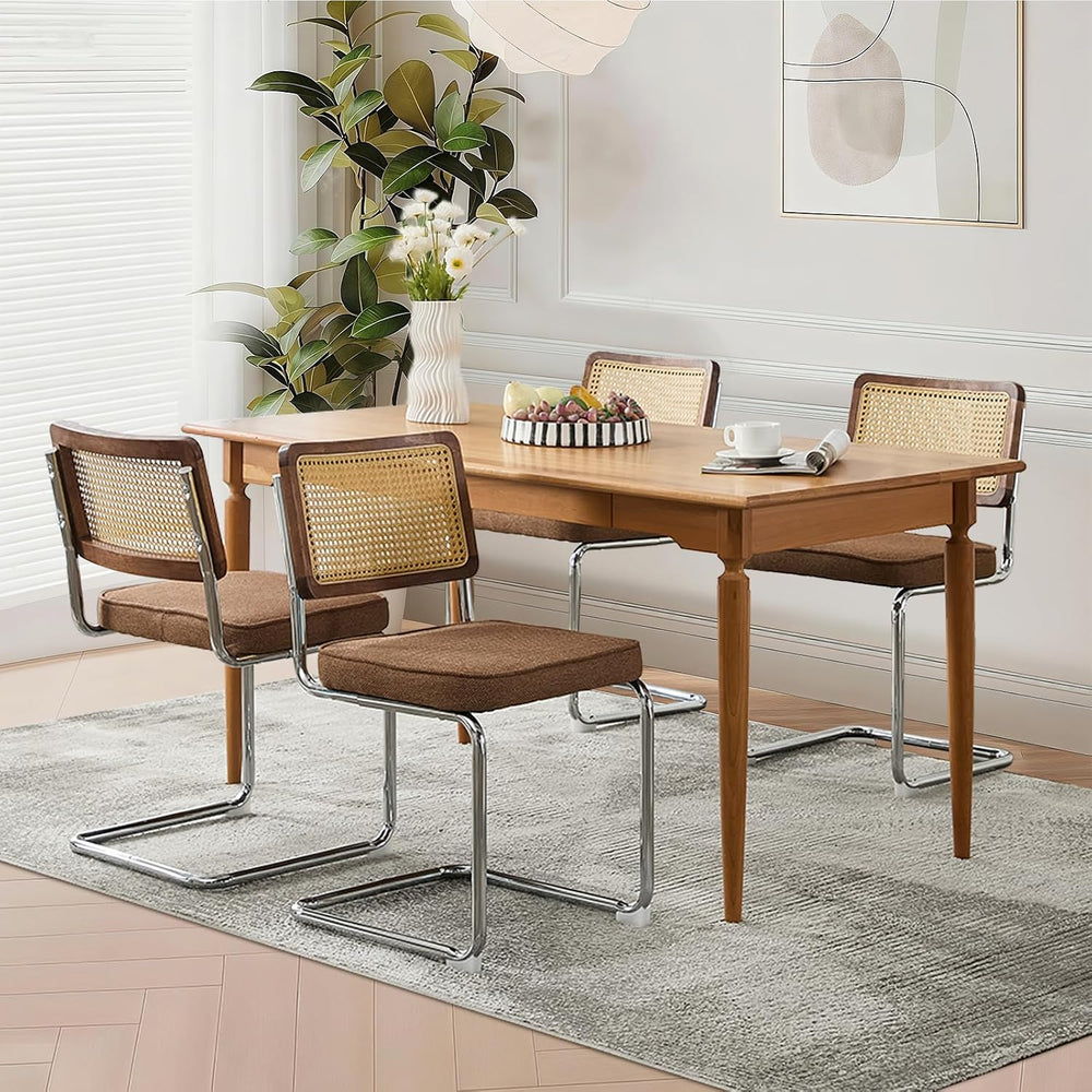 Rattan Back Linen Dining Chair Set of 4 Modern Breuer Designed Stainless Chro...