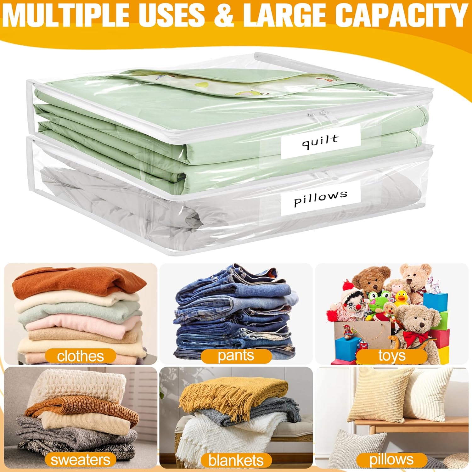 Plastic Storage Bags with Easy-Glide Zipper, Pack of 8, Durable Clear Vinyl Zippered Storage Bags for Clothes Sweaters Comforters Blankets Sheets Bedding (12 x 12 x 12 Inch)