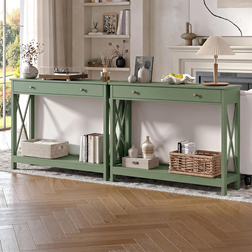 Treocho 40" Farmhouse Console Table with Drawer and Storage Shelves | En...