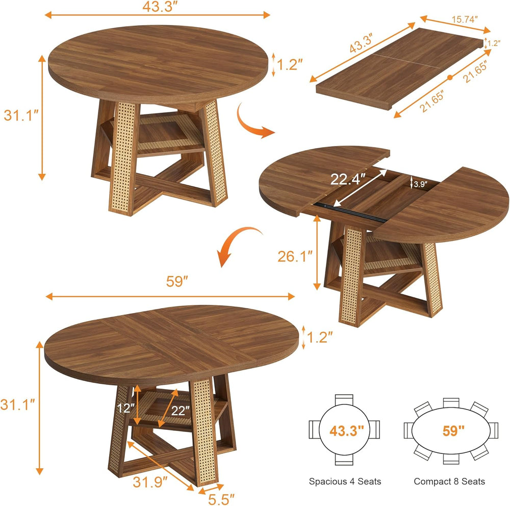 43"-59" Extendable Round Dining Table for 4-8, Transformer Oval Mod...
