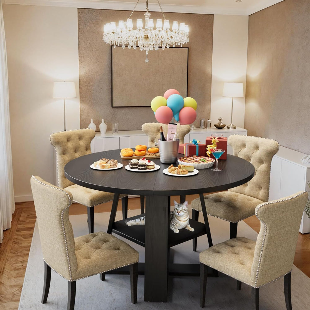 43 inch Round Dining Table for 4-6, Dining Table with Storage Shelf, Wood Gra...