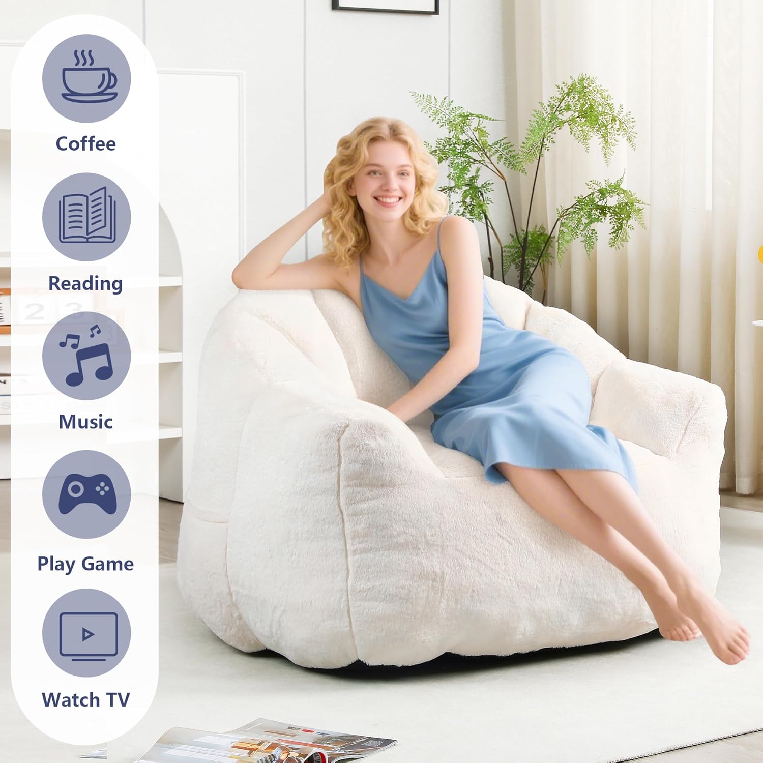 mikibama 41.4" Bean Bag Chair with Arms,Comfy Faux Fur Boneless Beanbag Chairs for Adults and Kids, Channel Tufted Lazy Floor Sofa Chair for Living Room Apartment,Bedroom Dorm(Beige)