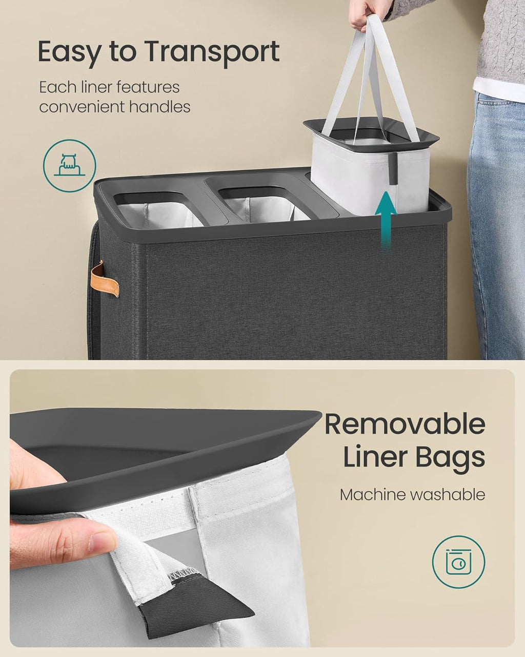 SONGMICS Laundry Basket, 50.2 Gal. Laundry Hamper, 3 Compartments, Easy Assembly, with Lid and Handles, Removable Liners, 25.2 x 15.7 x 29.5 Inches, Ink Black ULCB814BH01