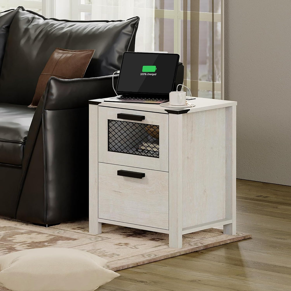 WAMPAT Farmhouse Nightstand with Drawer Stroage, Sofa Side Bedside Table in B...