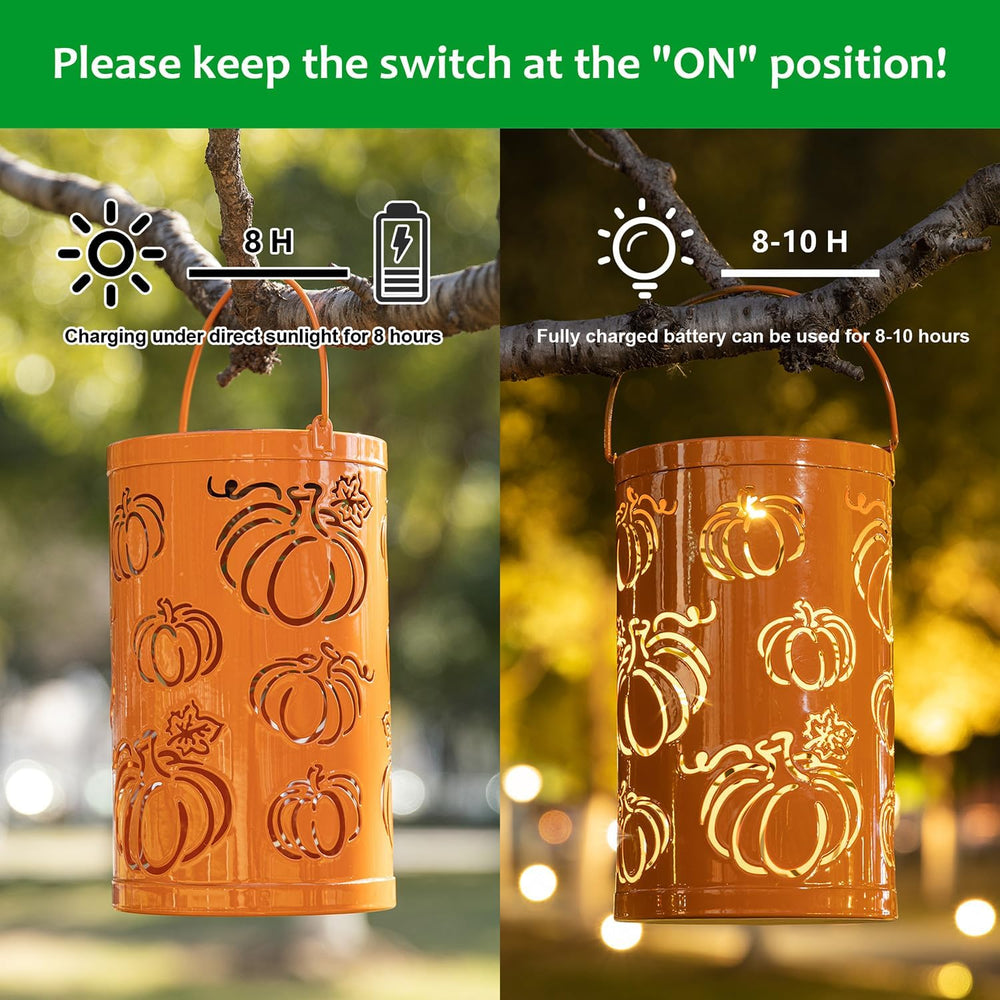 Glitzhome 10.75" H Fall Metal Pumpkin Lantern Decor Solar Powered LED La...