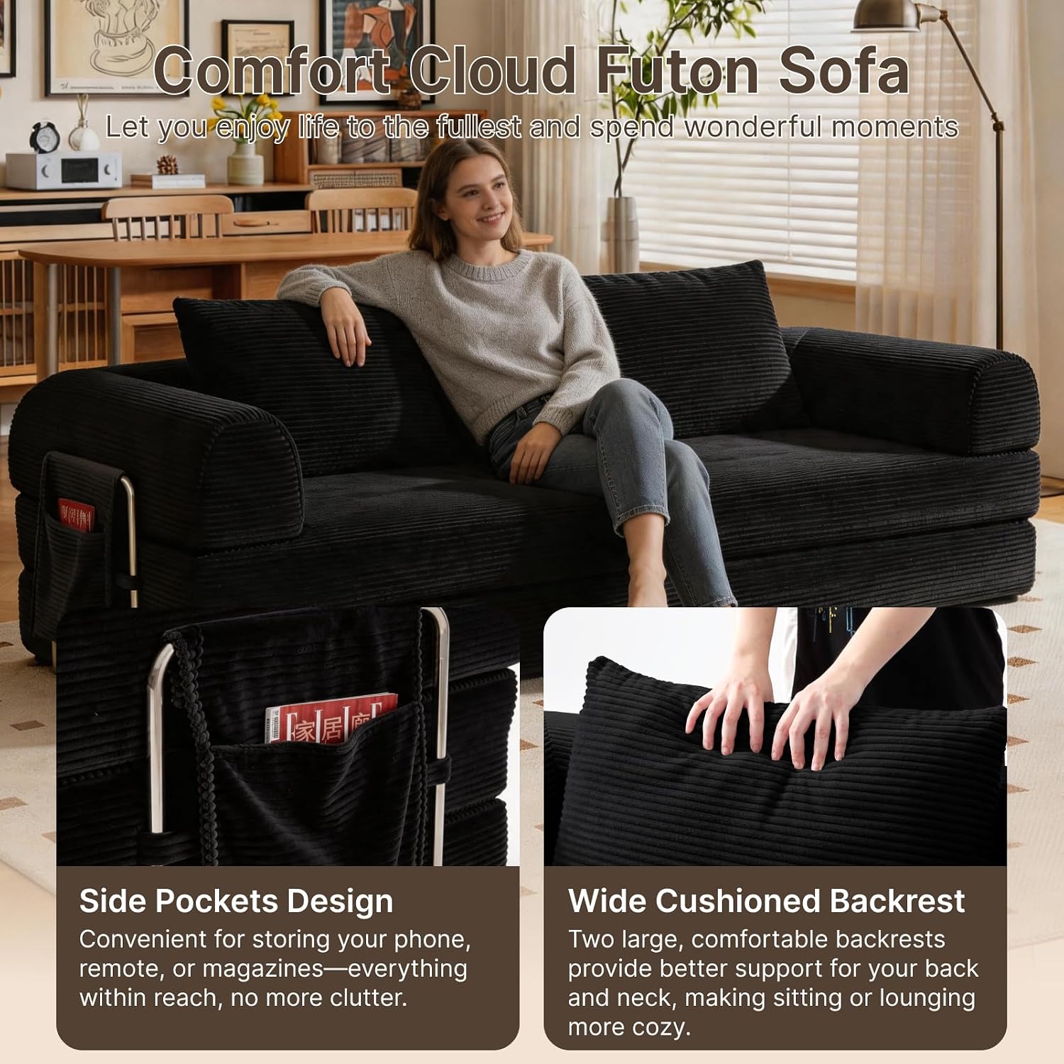 78" Convertible Sofa Bed, Corduroy Futon Couch with Storage Pocket, Boneless Pull Out Sleeper Sofa, Foldable Couch for Living Room Bedroom, No Assembly Space Saver, Black